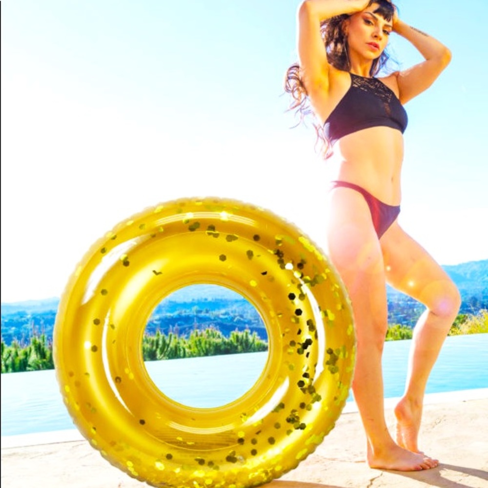 POZA Gold Inflatable Pool Float Ring Tube Confetti